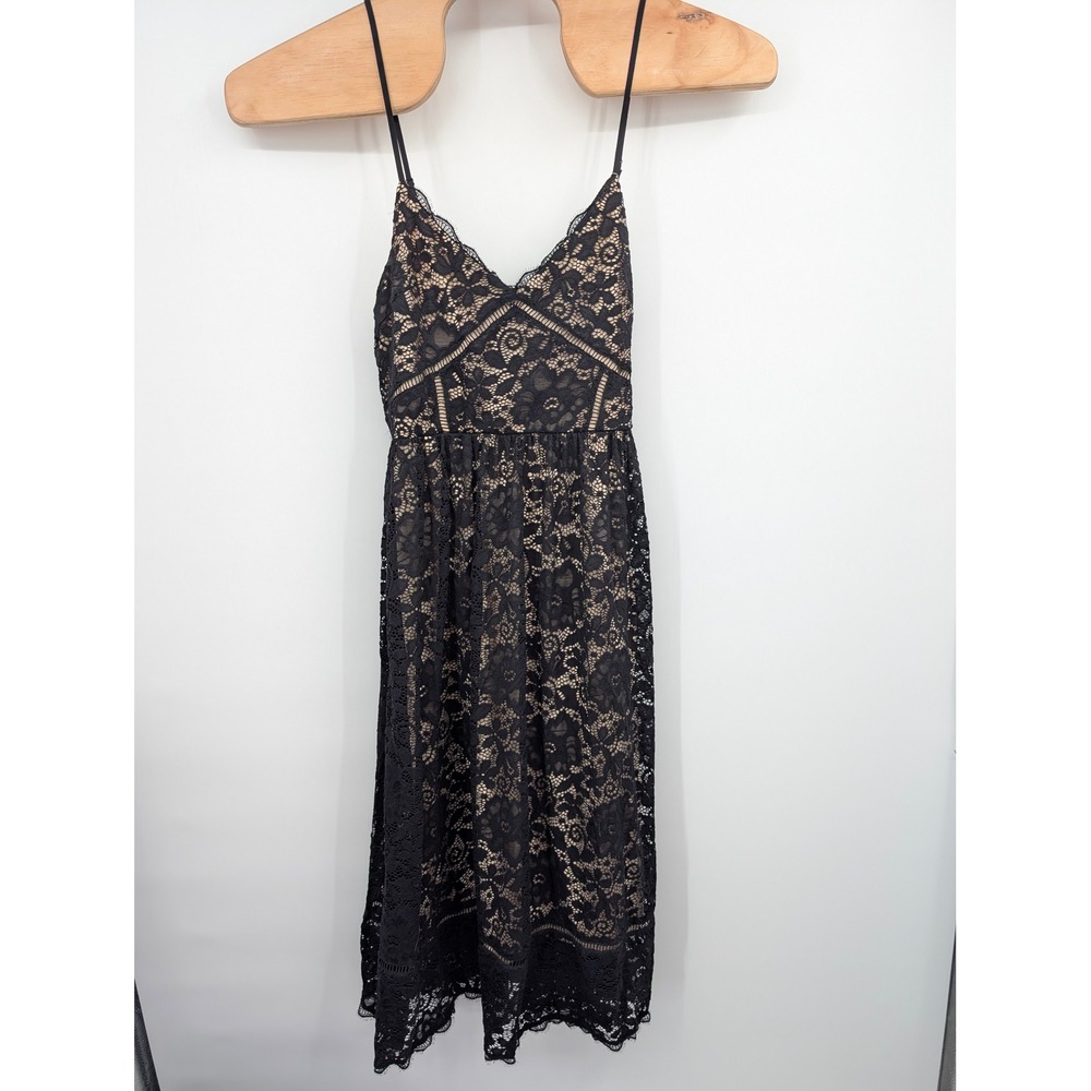NSR Women XL Black Beige Floral Lace Overlay Spaghetti Strap Midi Dress NWT
